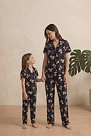 Lacivert Ekose Ayıcık Desenli Milan Pamuk Anne-Kız Pijama Takımı