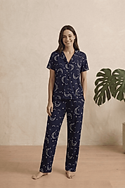 Lacivert Ay Yıldız Desenli Milan Pamuk Pijama Takımı