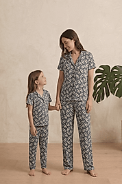 Gri Halka Desenli Milan Pamuk Anne-Kız Pijama Takımı
