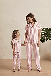 Pembe Çizgili Milan Pamuk Anne-Kız Pijama Takımı