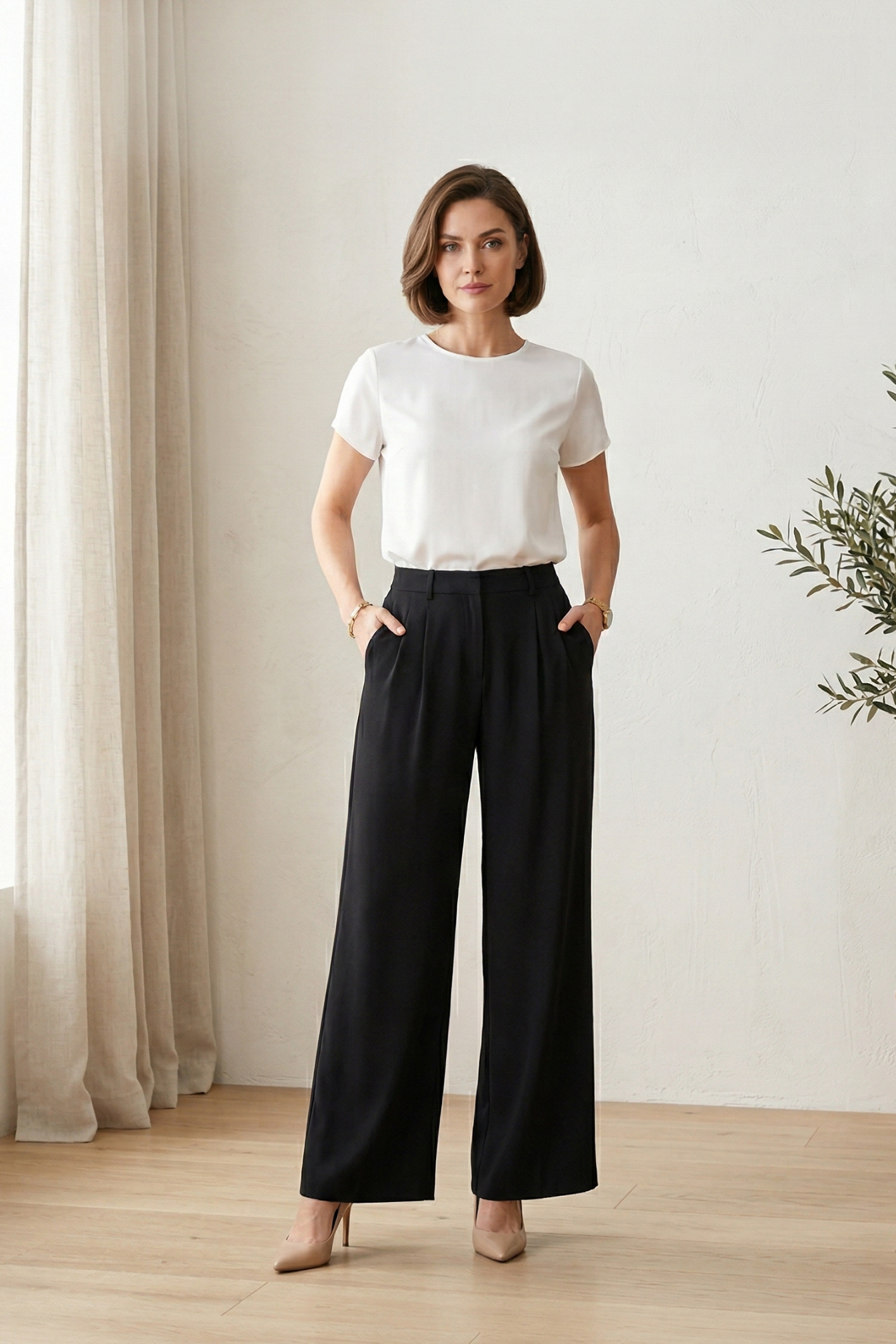 Kadın Siyah Pileli Palazzo Pantolon Zara Krep Kumaş Yüksek Bel Cepli