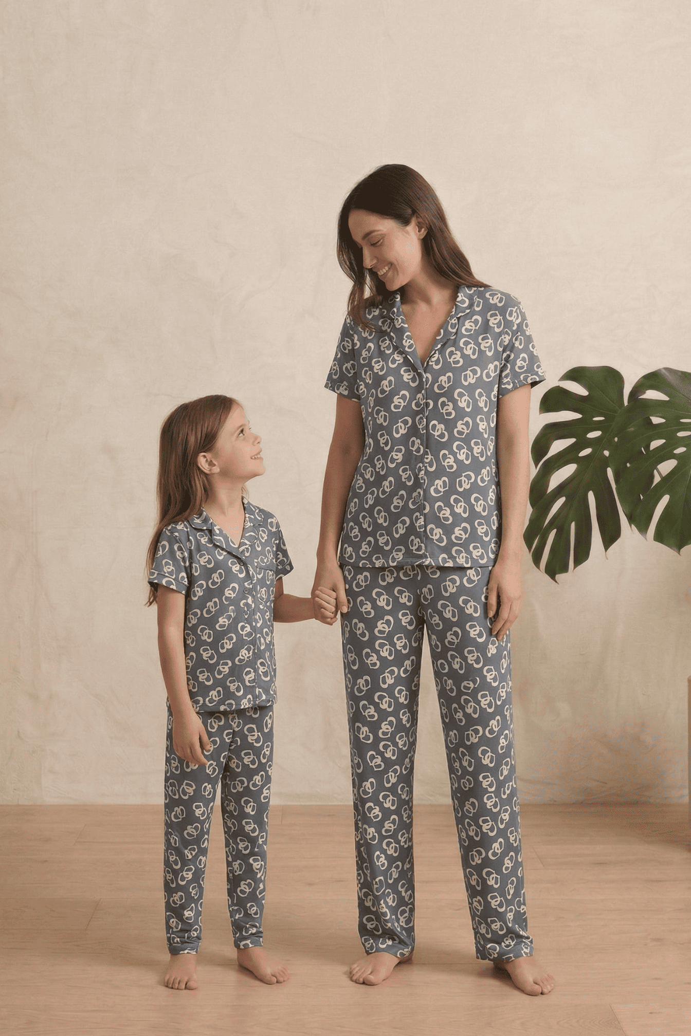 Gri Halka Desenli Milan Pamuk Anne-Kız Pijama Takımı