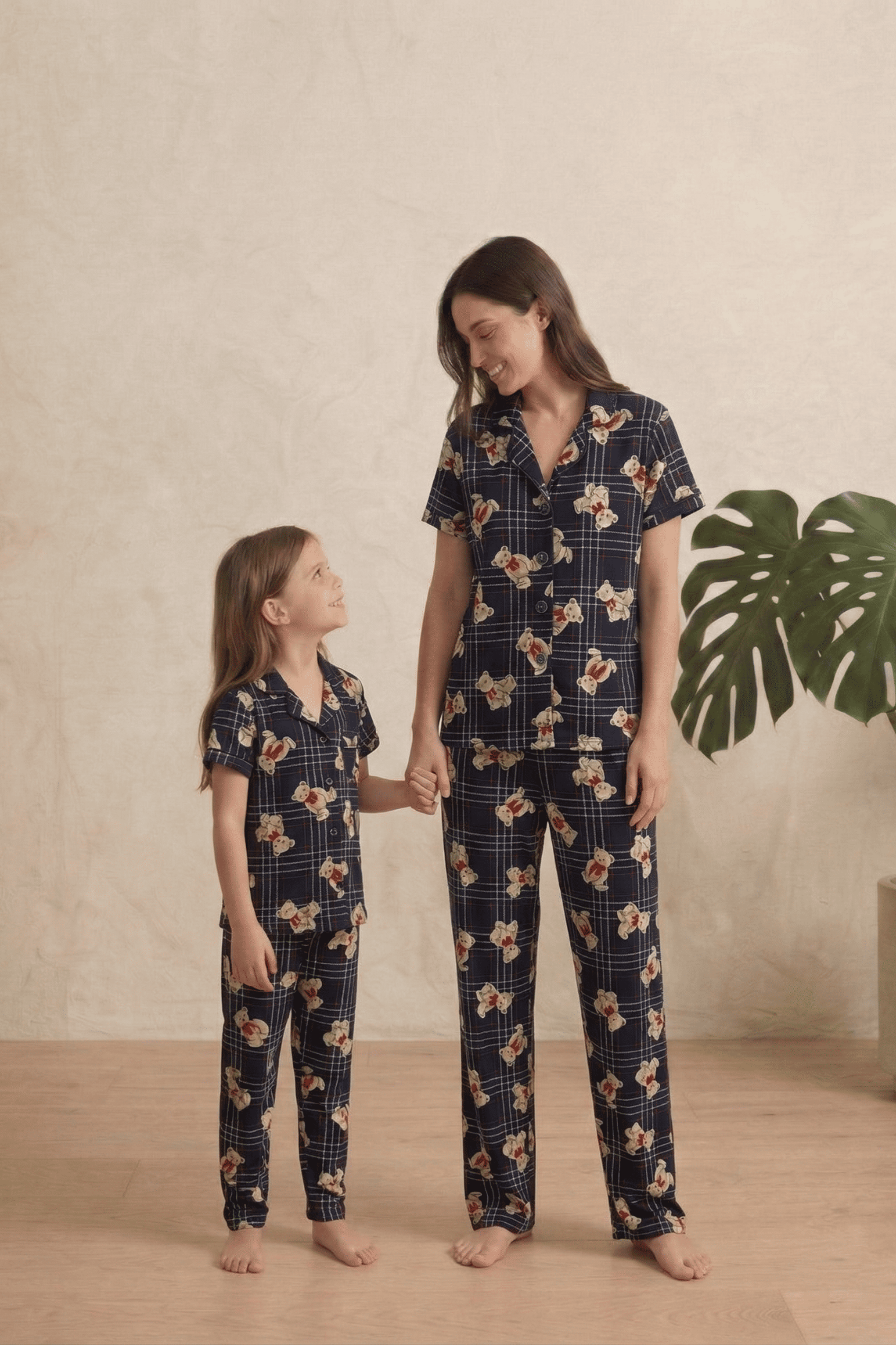 Lacivert Ekose Ayıcık Desenli Milan Pamuk Anne-Kız Pijama Takımı