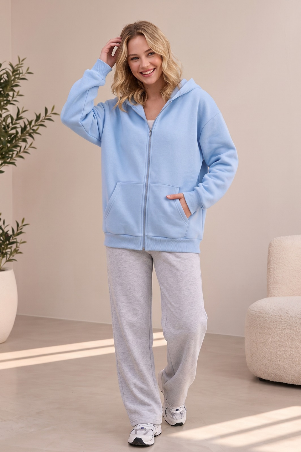 Kapüşonlu 3 İplik Şardonlu Bisiklet Yaka Günlük Sweatshirt