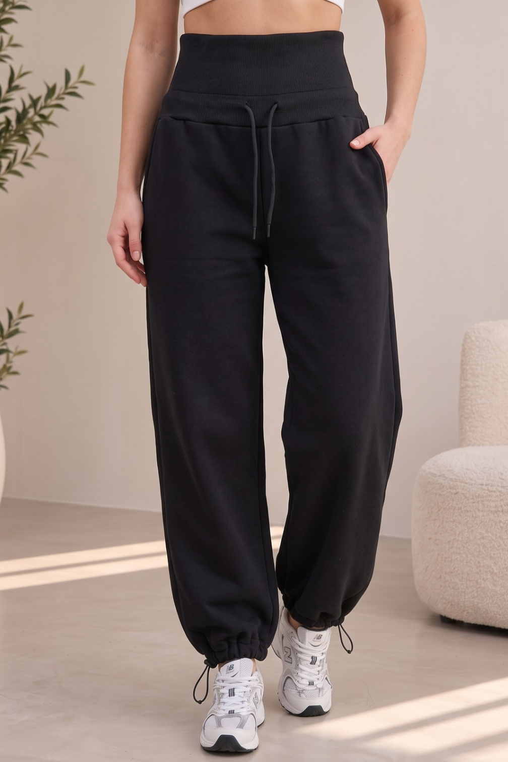 Kadın Siyah Korse Bel Baggy Eşofman Pantolon